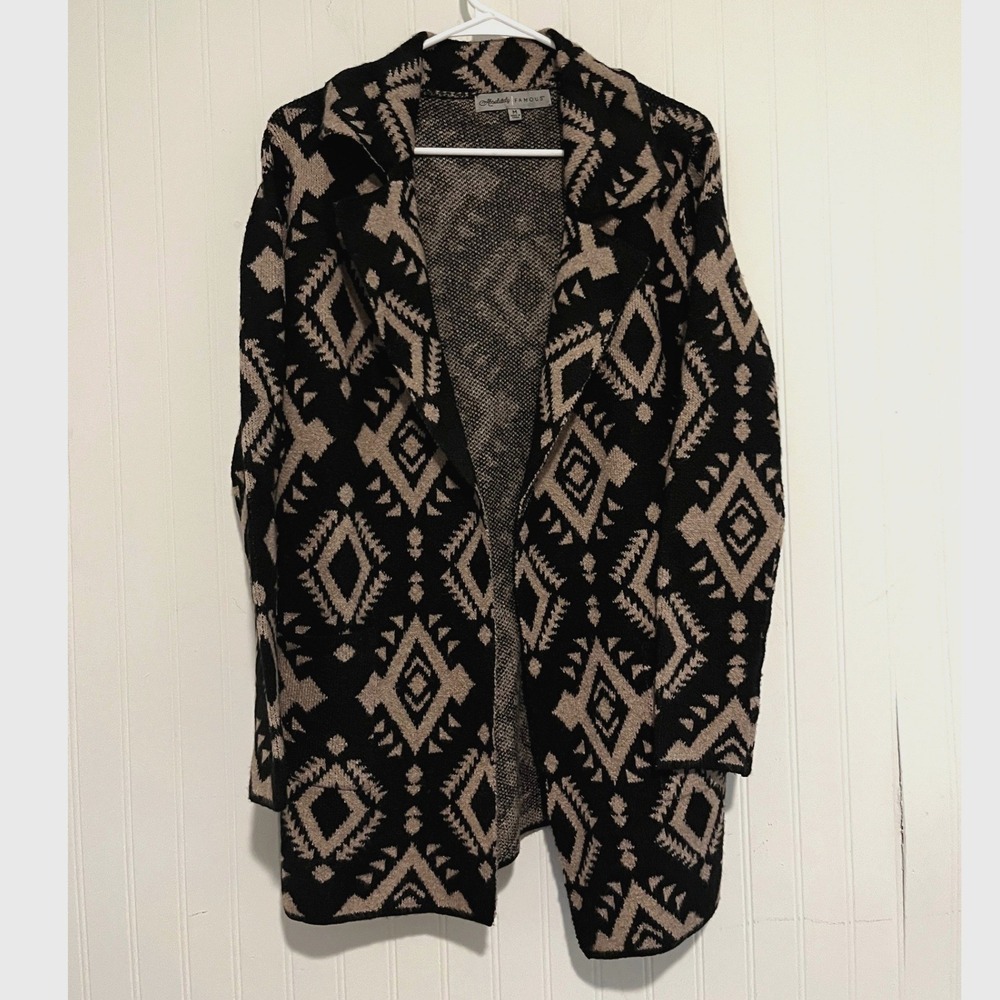 Absolutely Famous Cardigan Women M Black Tan Geometric Tribal Open Front